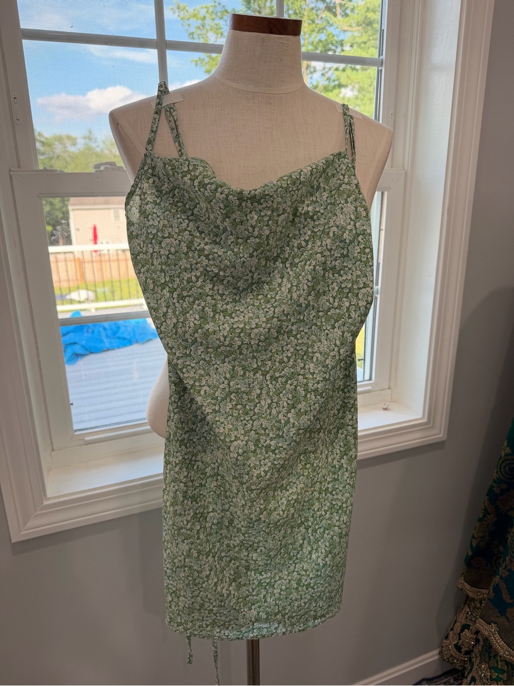SHEIN Green Floral Cowl Neck Mini Slip Dress